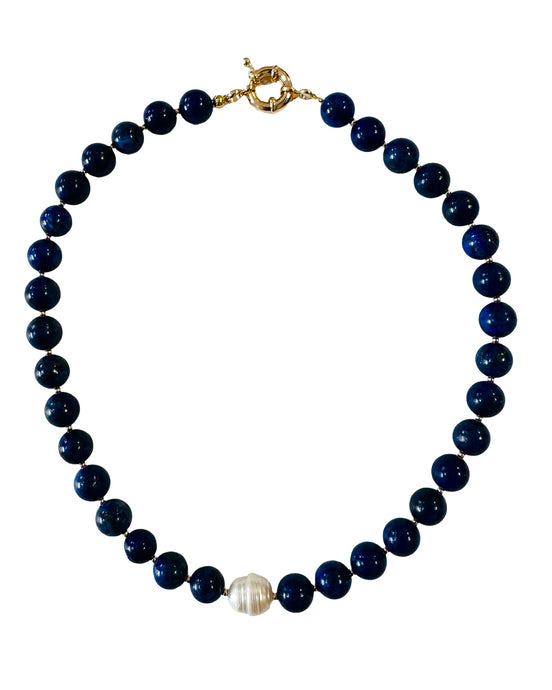 LAPIS AND PEARL NECKLACE by DAISY LOURDES BIJOUX