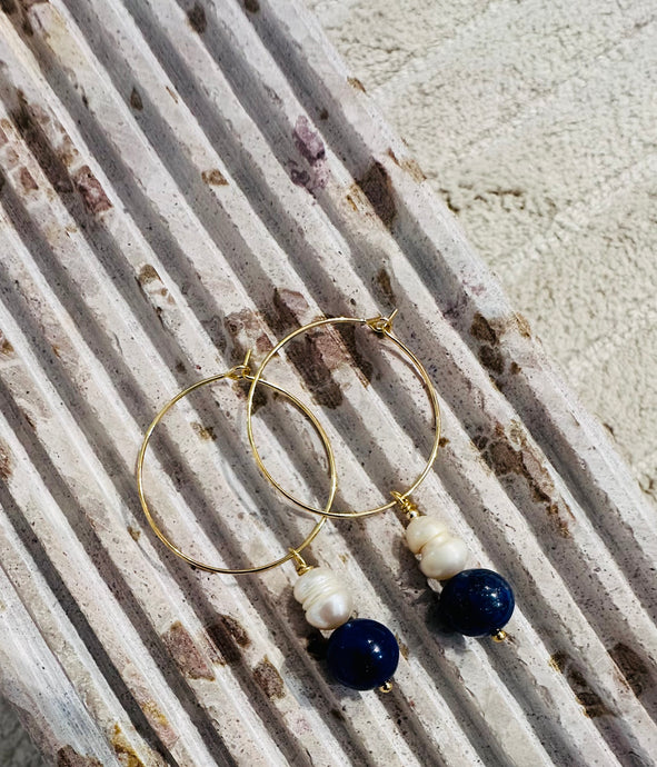 FINE 18K LAPIS AND PEARL HOOPS by DAISY LOURDES BIJOUX