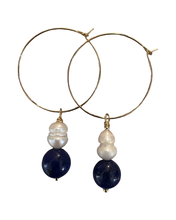 Load image into Gallery viewer, FINE 18K LAPIS AND PEARL HOOPS by DAISY LOURDES BIJOUX