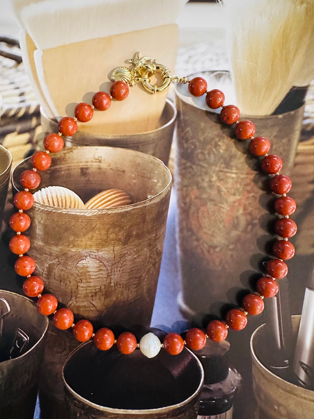 RED JASPER AND PEARL NECKLACE by DAISY LOURDES BIJOUX